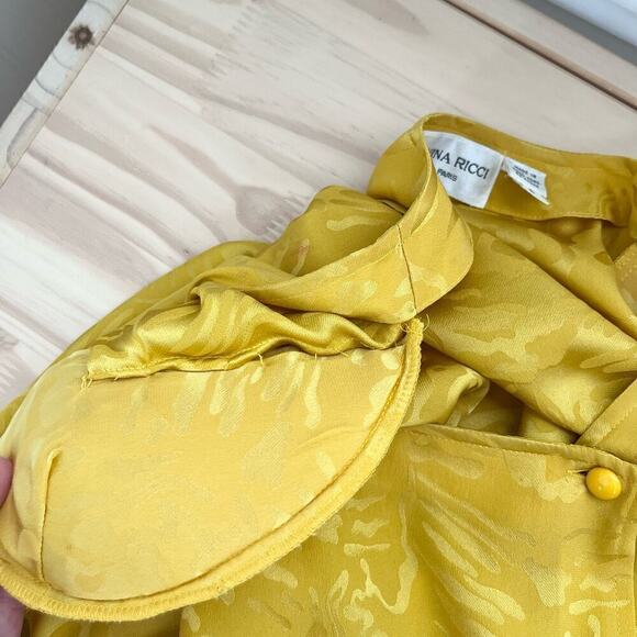 Vintage Nina Ricci 100% Silk Jacquard Long Sleeve‎ Blouse in Yellow, Size 8 - Picture 13 of 14